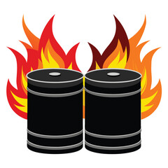 Two black metal oil drums illustrated with fiery flames a powerful symbol of energy production and industrial processes white background