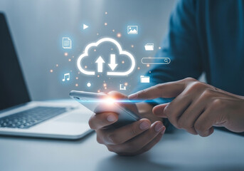 Cloud Connection: Hands interacting with a smartphone, symbolizing the connection to cloud computing, digital information and data transfer, and online accessibility.