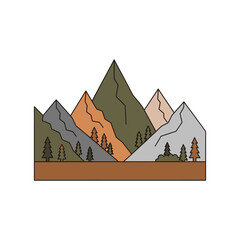 Minimalist Mountain Landscape Illustration with Geometric Peaks and Evergreen Trees, Capturing Serene Natural Beauty and Outdoor Adventure Spirit