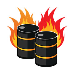 Two black metal oil barrels ignited in flames vector illustration for energy industry concepts white background