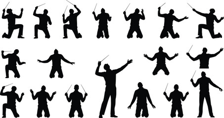 Silhouette, conductor, music, orchestra, baton, performance, dynamic, pose, artistic, black, white, musician, leadership, movement, directing, maestro, symphony, guidance, stage, rhythm