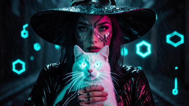 Neon Hex Witch with Cyber Cat, Close-Up