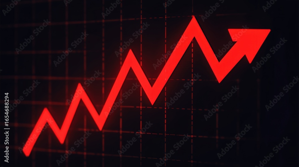 Poster a red zigzag line graph trending upward on a dark grid background, symbolizing growth or positive pr