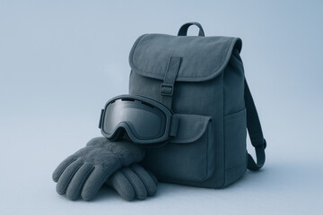 Naklejka premium Prepared for the Slope: A stylish backpack, protective goggles, and sturdy gloves lay ready. Embracing the anticipation of adventure and the thrill of gliding down snowy slopes.