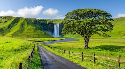 Majestic waterfall cascading into serene river iceland nature scene lush green landscape panoramic...