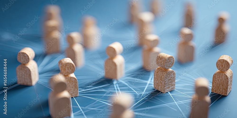 Poster conceptual visualization of social connections and networking illustration on blue background with w