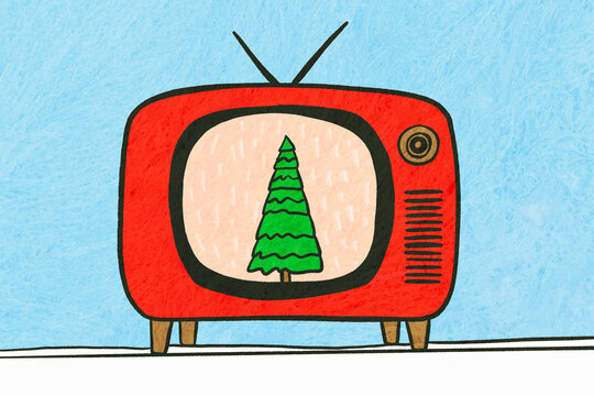 Retro holiday illustration with a festive tree on screen