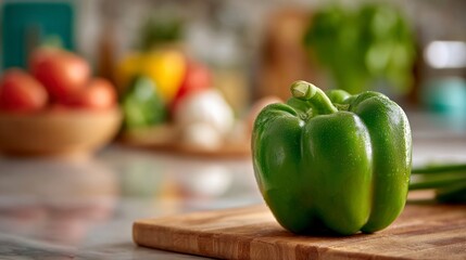 Green bell pepper on cutting board