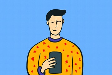 Cozy winter illustration of a man with a smartphone