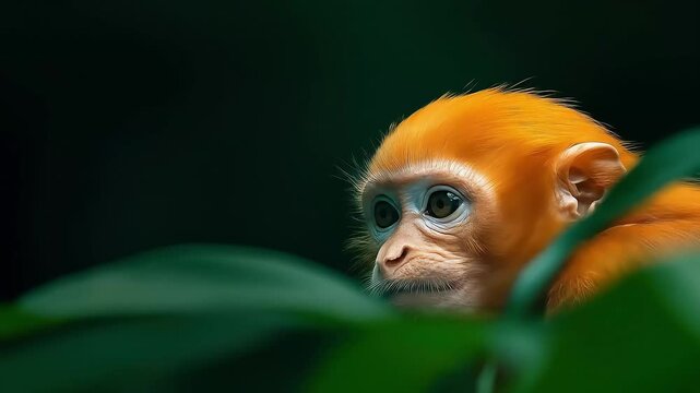 Orange monkey portrait, jungle foliage, dark background, wildlife poster
