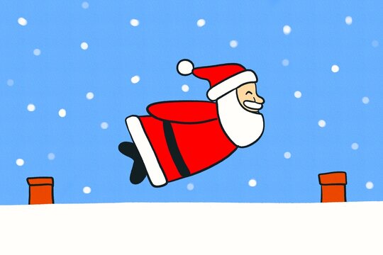 Santa flying over snowy rooftops in holiday scene