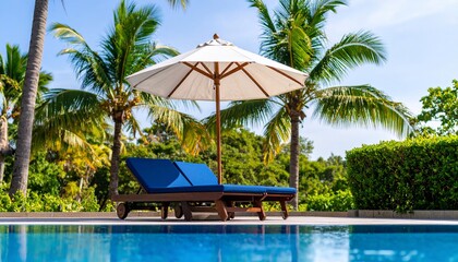 Tropical oasis with poolside relaxation and lush palm trees under a blue sky