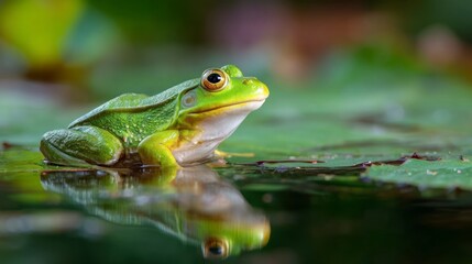 Naklejka premium Green frog on water lily pad
