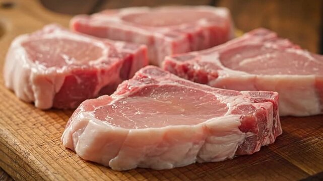 Four raw pork chops sit on a wooden cutting board showcasing their fresh pink meat and white fat layers