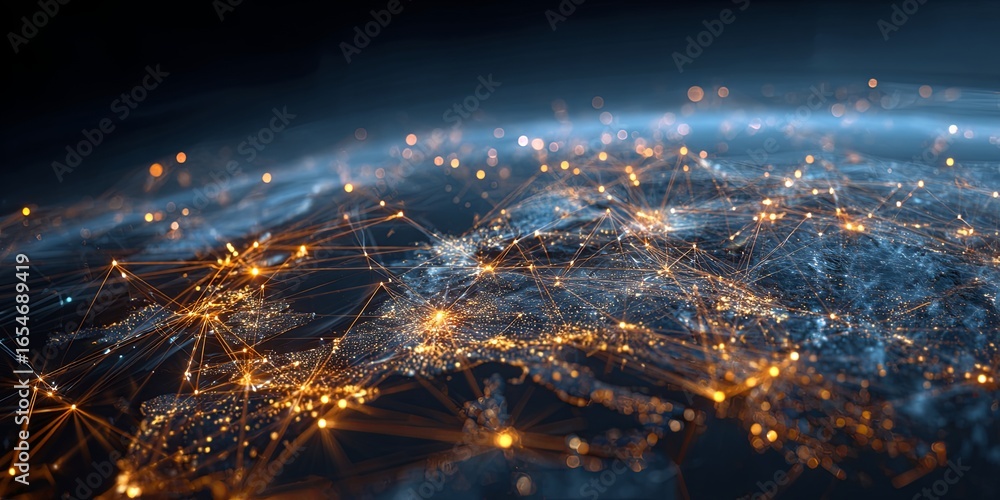 Poster global network connections over world map at night with bright cities and interconnected lines of da