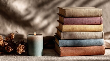 Cozy arrangement of books and candle.