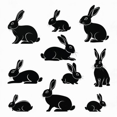Fototapeta premium Black rabbits in various poses silhouettes white background
