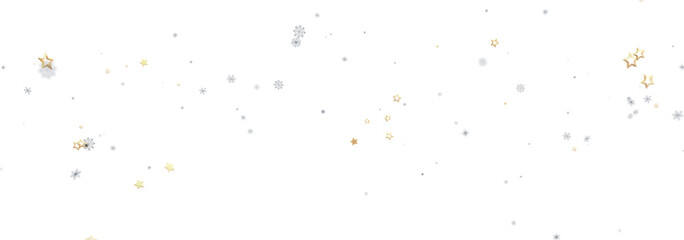 Beautiful background image with gold and silver stars and snowflakes on white.