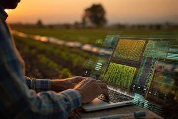 Farmer using laptop with crop data overlays
