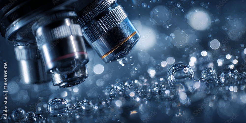 Poster modern microscope with bubbles on soft focus background for scientific research and laboratory exper