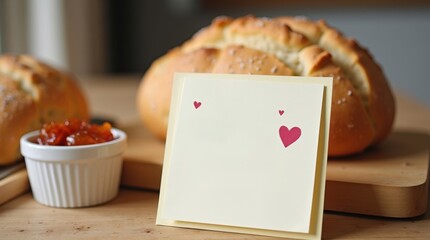 Baking fresh bread with love notes cozy kitchen food photography warm atmosphere close-up culinary art
