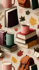 Cozy scene with books, mugs, and autumn leaves.
