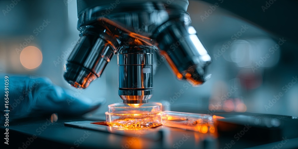 Poster researcher using microscope for scientific analysis in laboratory setting with focused lighting and 