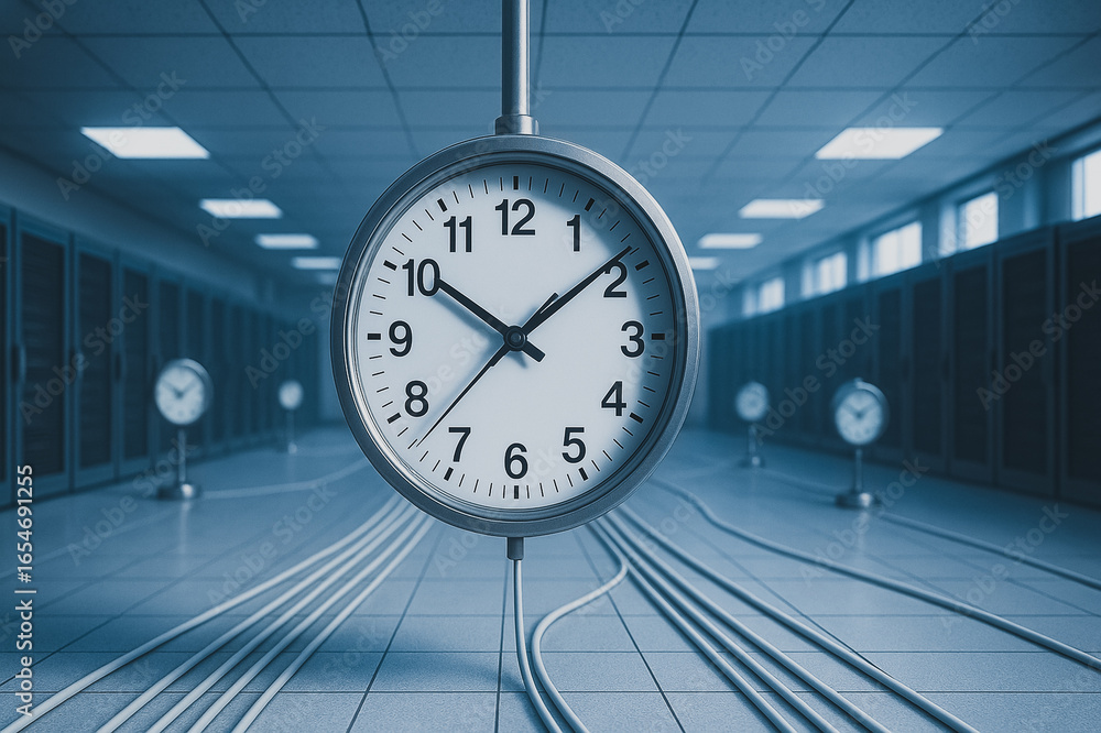 Poster time in the server room: a conceptual composition featuring a clock suspended within a server room, 