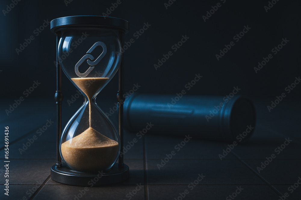 Poster time and connection: an elegant hourglass features a chain link inside, signifying interconnectednes