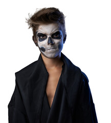 Child in Skull Makeup with Black Cloak on Transparent Background