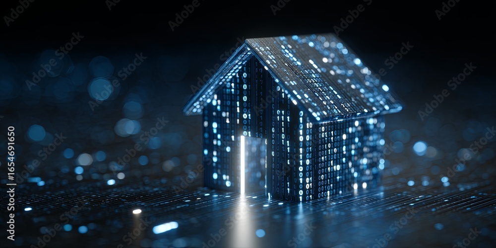 Poster futuristic digital house concept with neon glow and binary code representation on a dark blue backgr