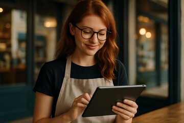 Fototapeta premium smiling young barista using tablet at cafe counter, positive customer service, digital work in coffee shop, happy worker at café