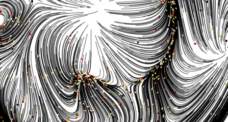 High-resolution abstract image featuring swirling black lines and scattered colored dots. Perfect for modern designs.