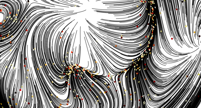 High-resolution abstract image featuring swirling black lines and scattered colored dots. Perfect for modern designs.