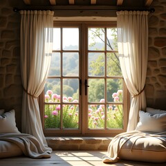 Blooming spring garden outside open window, cozy rustic room filled with light and breeze