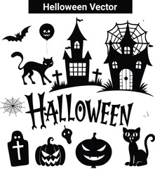 christmas pudding vector art silhouette,Halloween haunted house silhouette with bats under a spooky moonlit night sky vector illustration