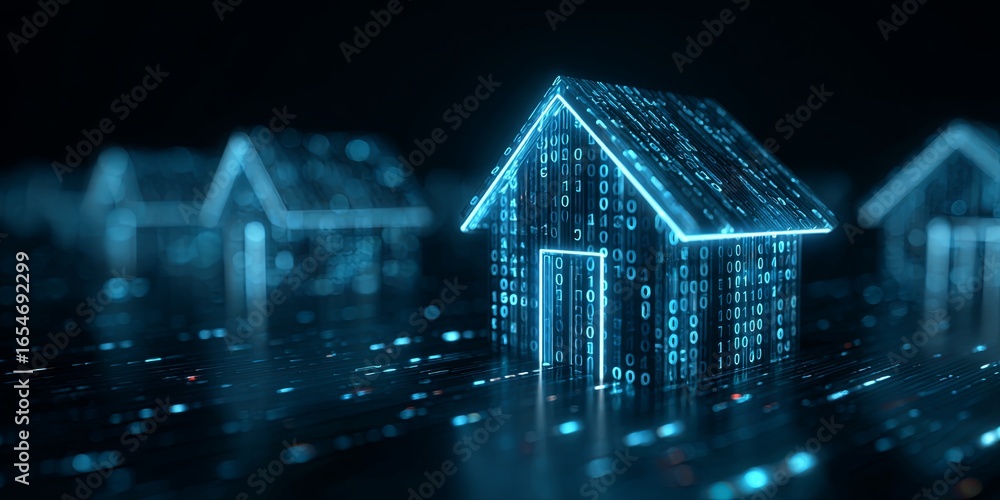 Poster futuristic digital house concept with neon glow and binary code representation on a dark blue backgr