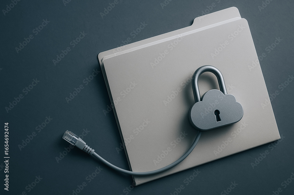 Poster cloud security: conceptual image of a locked file folder with a cloud-shaped lock, representing data