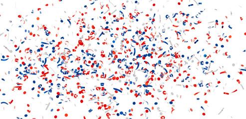 High-quality image of red, white, and blue confetti falling on a white background, perfect for celebratory designs.