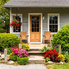 Quaint gray house with a wooden door, porch, and colorful flowerbeds