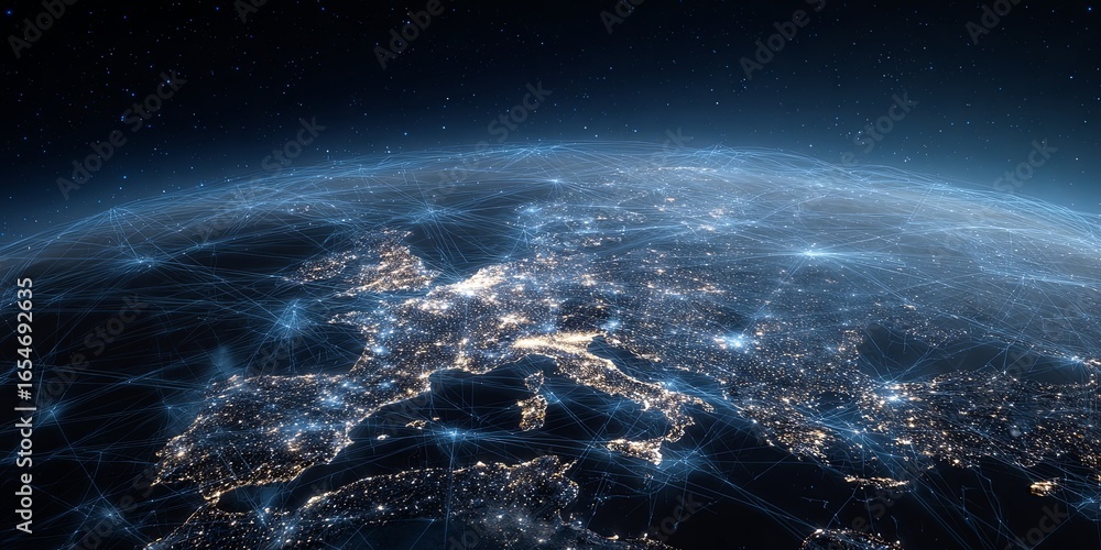 Poster global connectivity and network visualization over europe in night sky with starry background and di