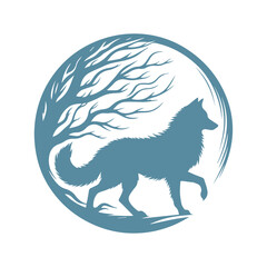 Silhouette of a wolf walking under a stylized tree.