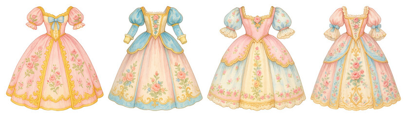 Obraz premium PNG Vintage floral princess dresses illustration, element set on transparent background