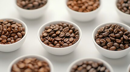 Fototapeta premium Variety of roasted coffee beans in white cups