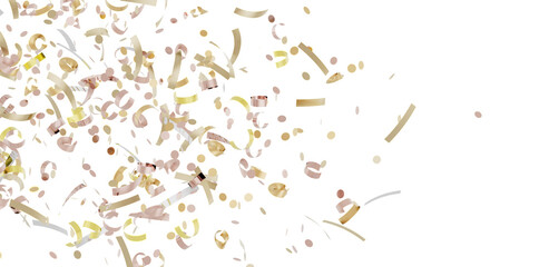 Beautiful image of gold and rose gold confetti falling on a white background. Perfect for celebrations and festive designs.