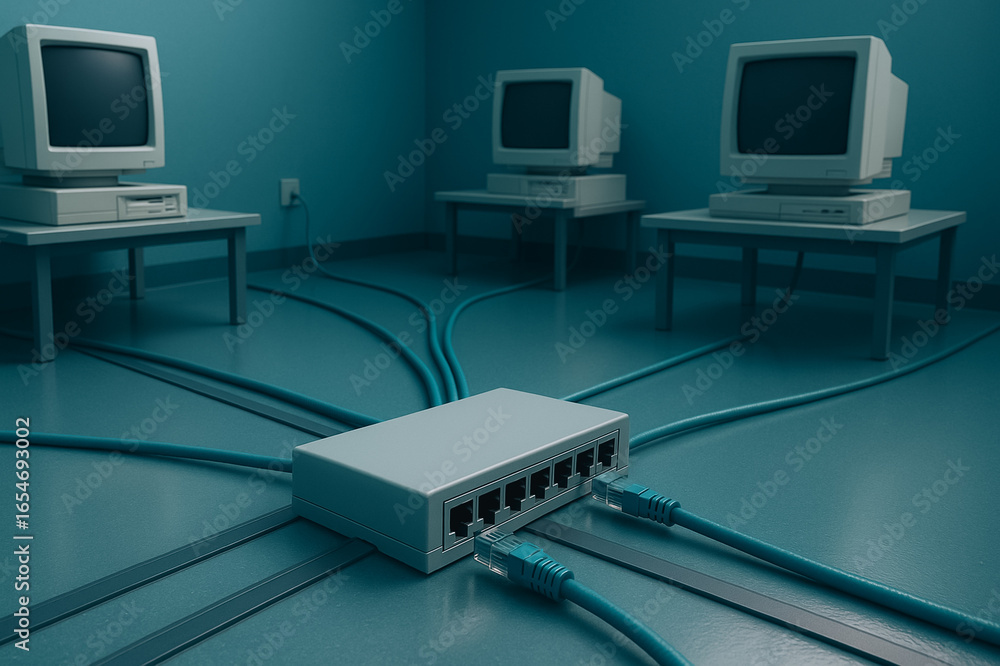 Poster vintage network: an intriguing scene featuring classic computer setups linked by a network hub, bath