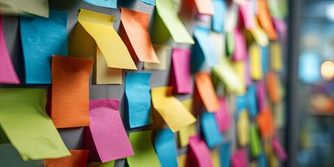 Fototapeta premium Colorful sticky notes on a wall for brainstorming, organizing, and planning tasks in a creative workspace environment