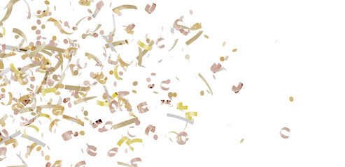 Beautiful image of gold and rose gold confetti falling on a white background. Perfect for celebrations!