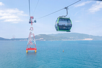 Family with children, visiting Vinpearl, island near Nha Trang, connected with a cable car,...