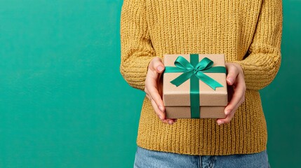 Person holding gift box green ribbon bow festive present holiday background celebration surprise